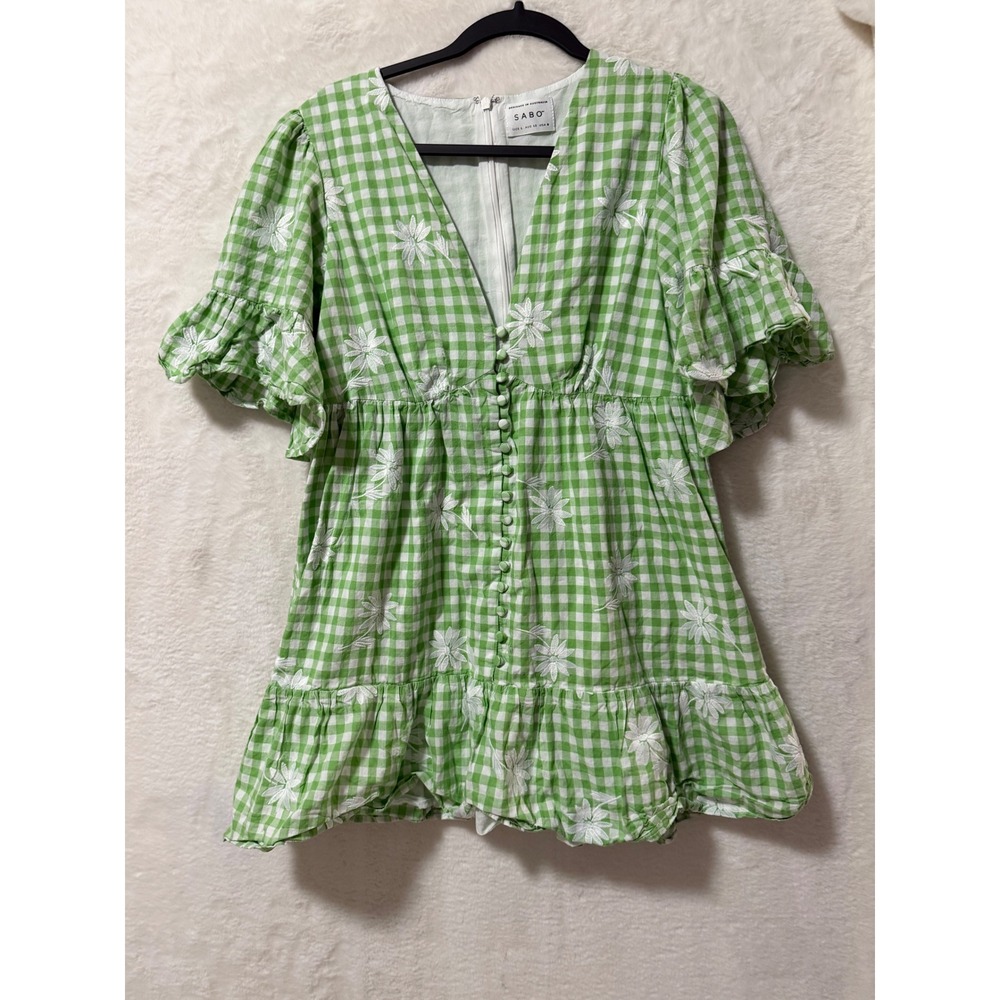 Sabo Skirt Green Gingham Floral Embroidered Mini Dress Womens Size 8 L V-Neck